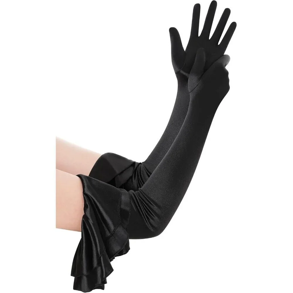 Women's Black Long Satin Ruffle Cuff Stretchy Sleeves Gloves Wedding Costume